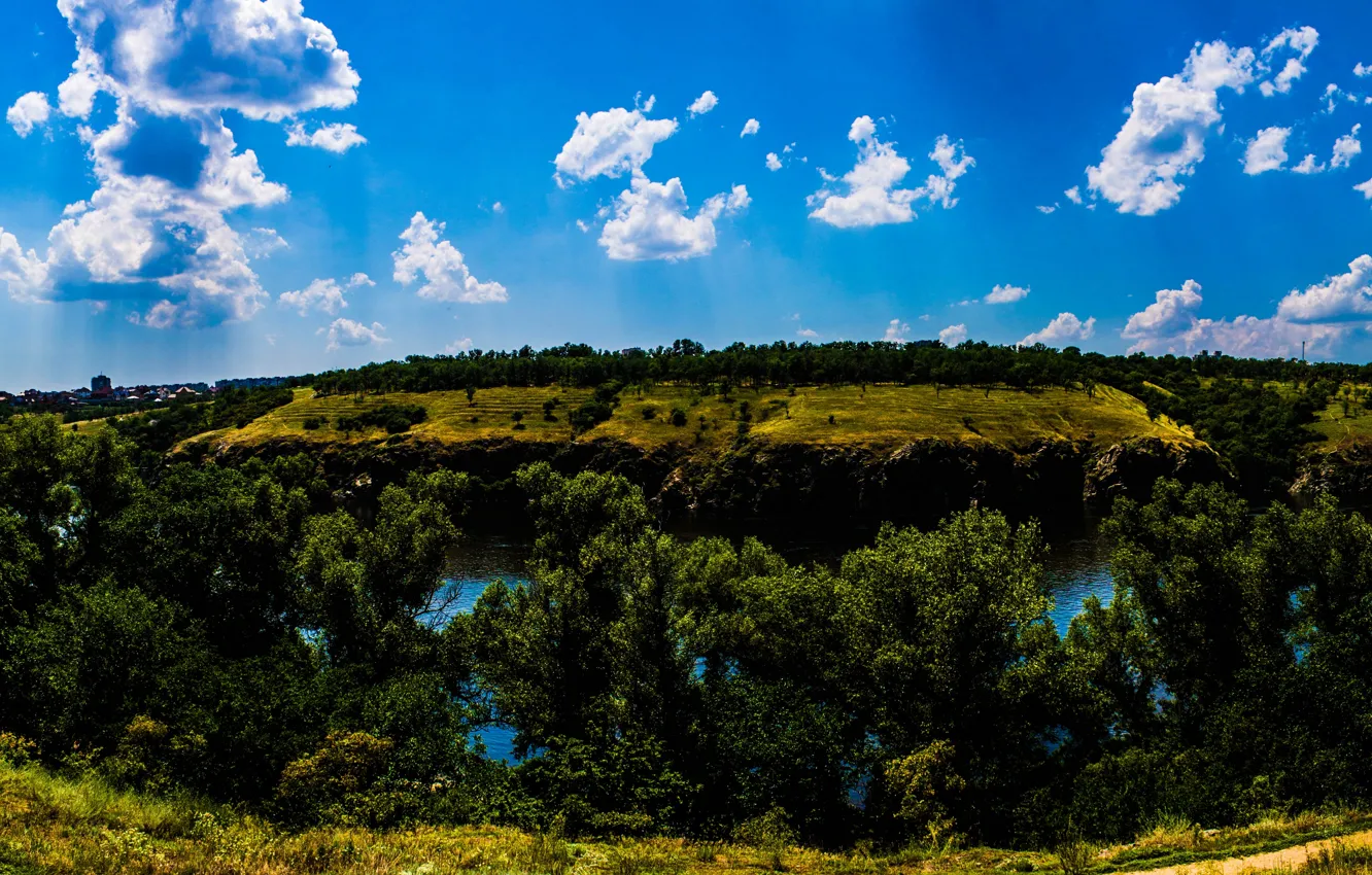 Photo wallpaper leaves, trees, river, rocks, island, Dnepr, Zaporizhia, Khortytsya