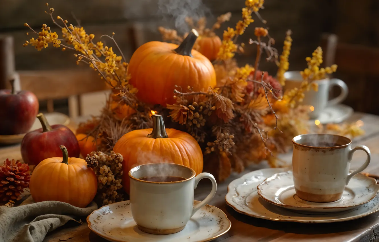 Photo wallpaper autumn, table, tea, harvest, pair, mug, Cup, pumpkin