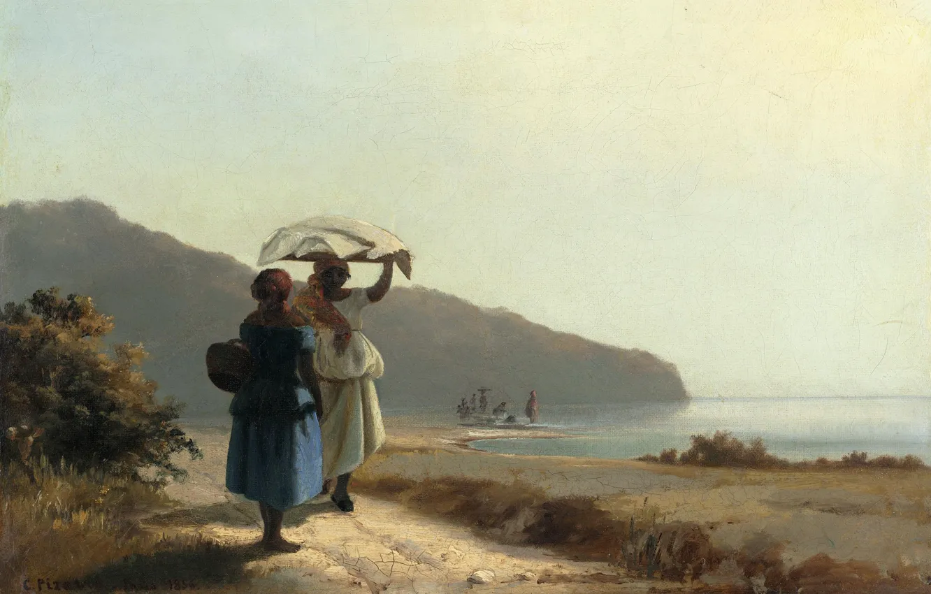 Photo wallpaper landscape, picture, genre, Camille Pissarro, The conversation of the Two Women by the Sea. Saint …