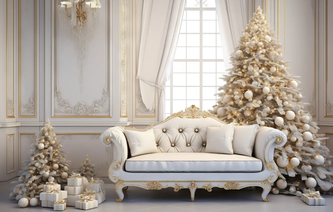 Photo wallpaper winter, frost, snow, decoration, room, sofa, tree, new year