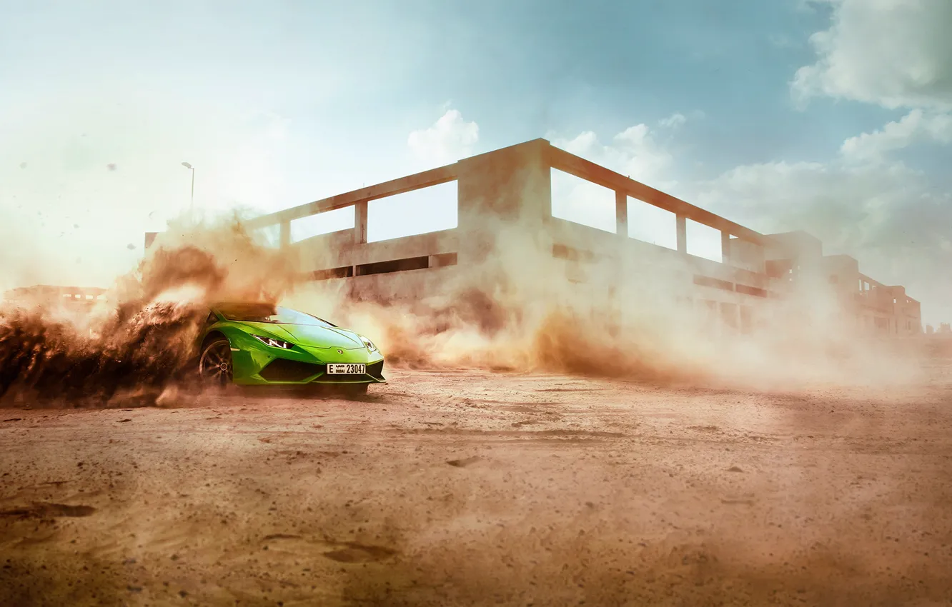 Photo wallpaper sand, green, dust, skid, salad, Lamborghini Hurricane