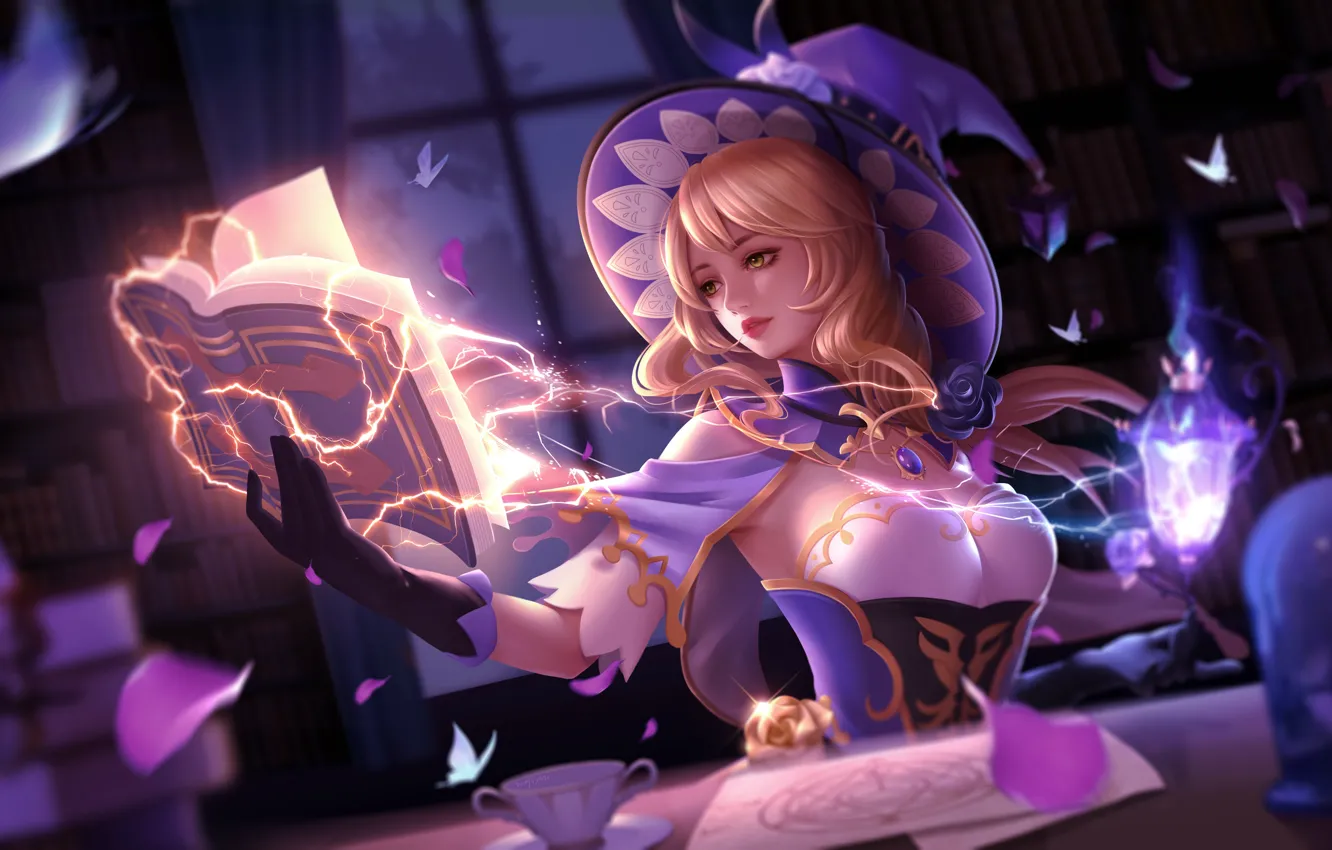 Photo wallpaper girl, butterfly, magic, fantasy, witch, Lisa, Genshin Impact