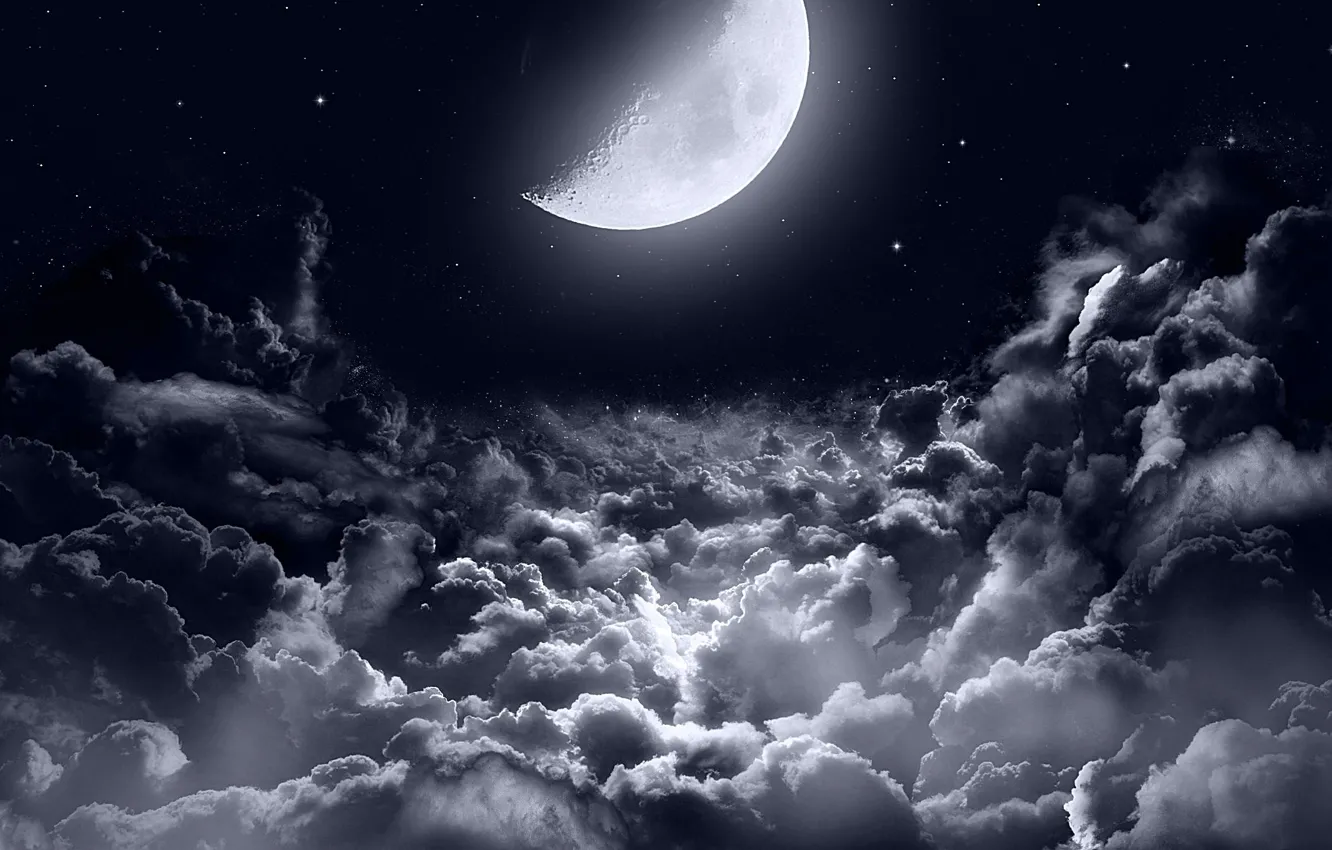 Photo wallpaper dark, moon, clouds, stars, night sky, moonlight, half moon, night sky stars