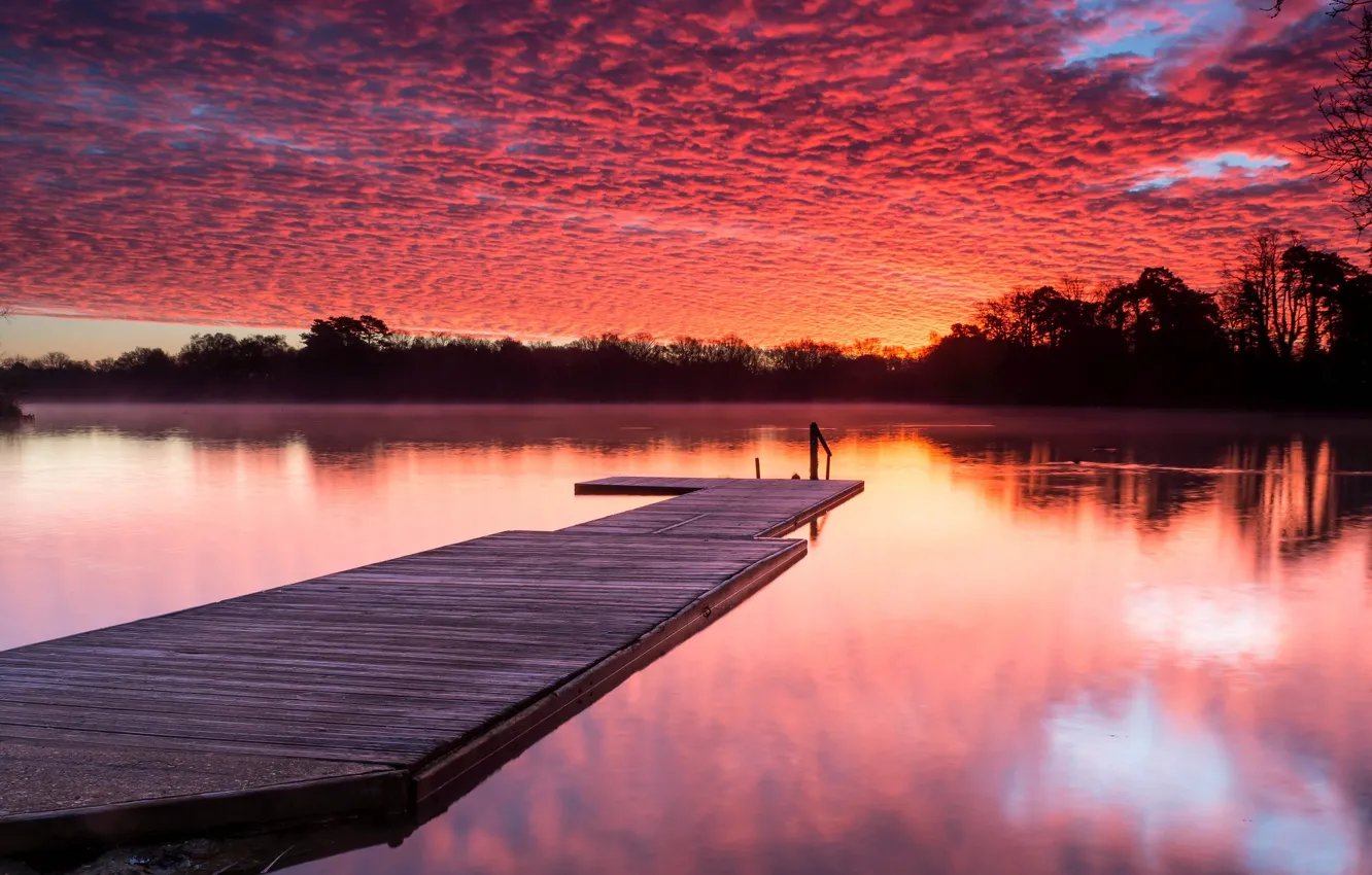 Photo wallpaper clouds, trees, lake, pier, glow, the bridge