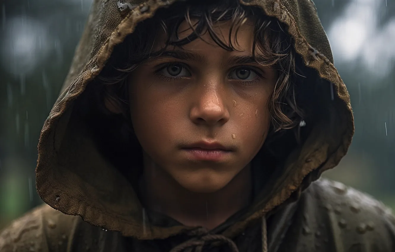 Photo wallpaper look, drops, rendering, portrait, boy, art, hood, guy