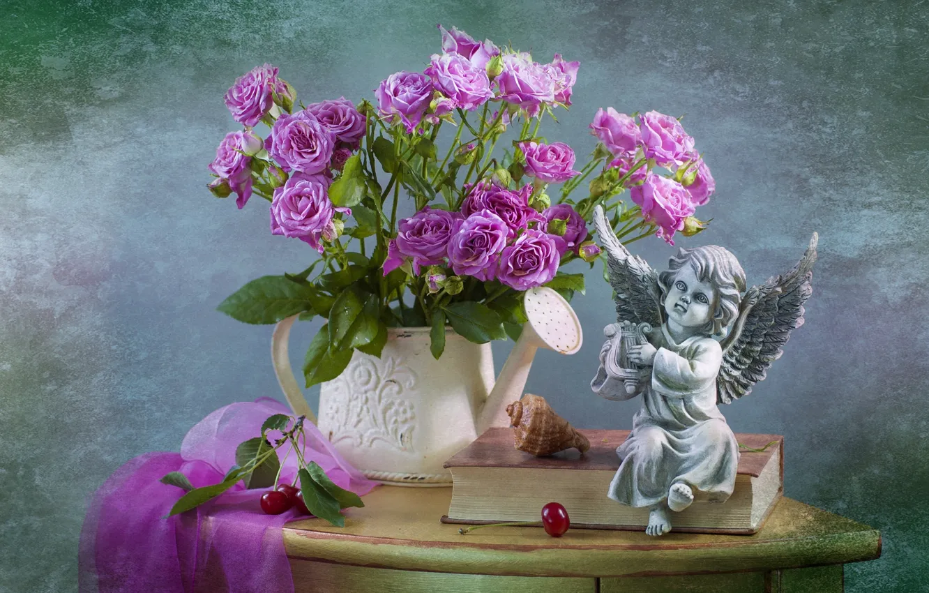 Photo wallpaper roses, bouquet, angel, shell, book, figurine
