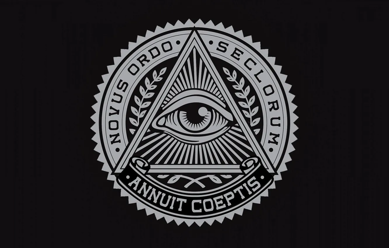 Photo wallpaper round, logo, emblem, logo, black background, emblem, motto, triangle
