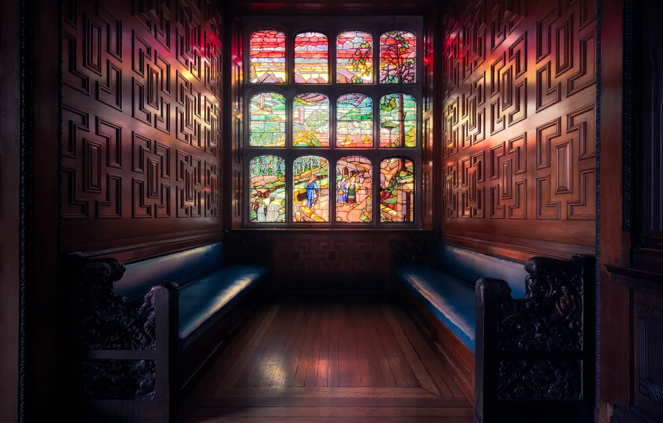Photo wallpaper England, London, window, stained glass, bench, Two Temple Place