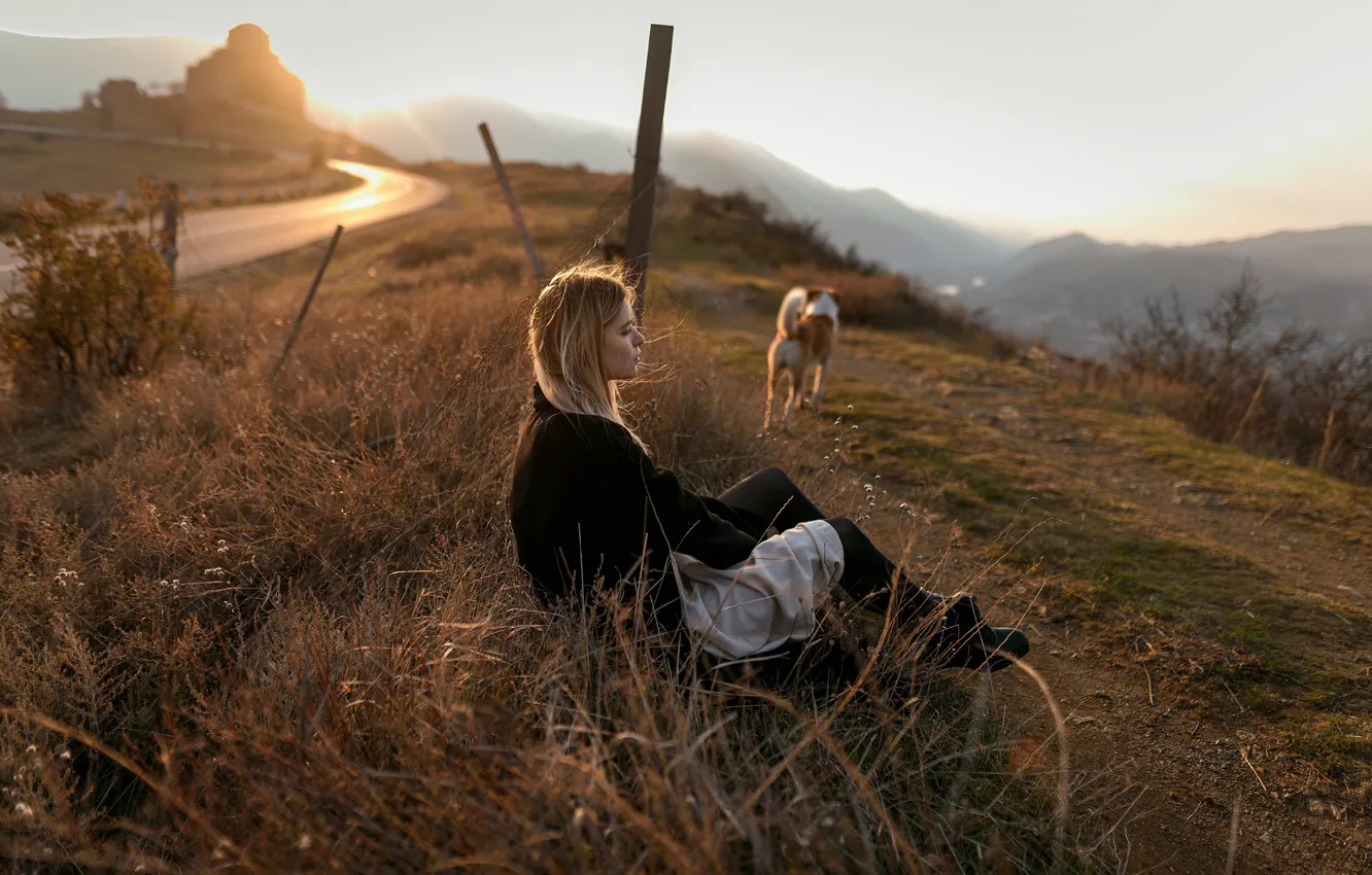 Photo wallpaper road, girl, the wind, dog, Juliana Naidenova
