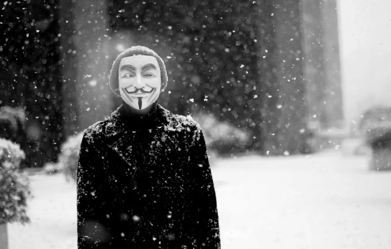 Photo wallpaper winter, people, mask, different, anonymous, guy Fawkes