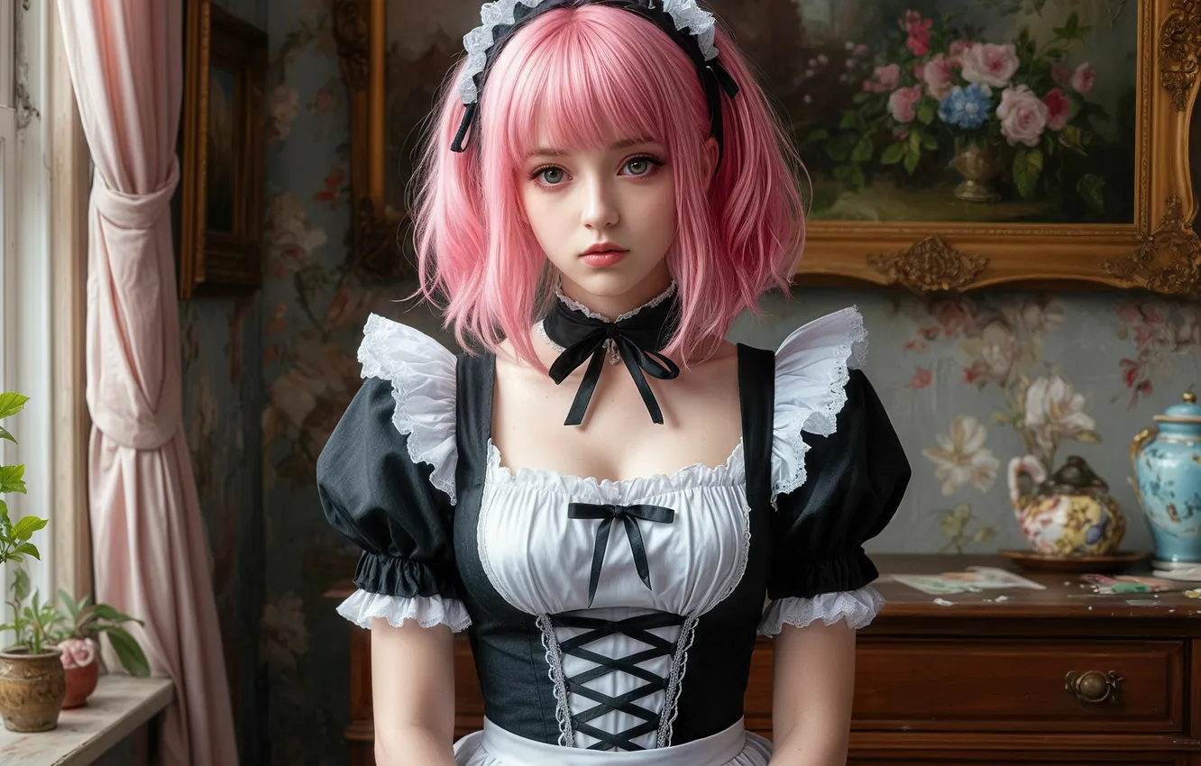 Photo wallpaper flowers, picture, beauty, the maid, digital art, window, pink hair, digital art
