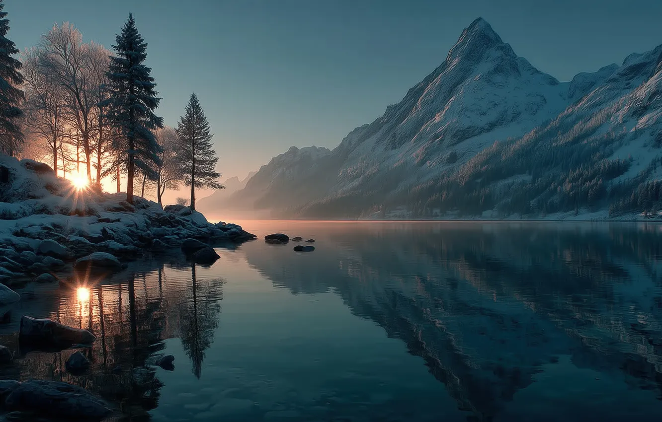 Photo wallpaper water, trees, landscape, sunset, mountains, lake, reflection, trees