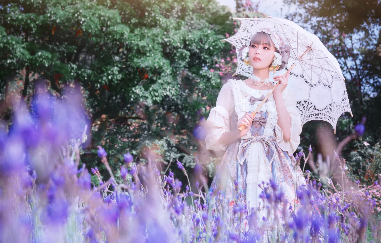 Photo wallpaper summer, girl, light, flowers, nature, umbrella, garden, dress
