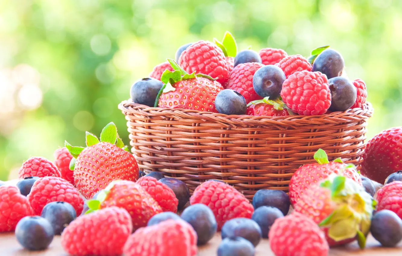 Photo wallpaper berries, raspberry, blueberries, strawberry, basket, fresh, berries
