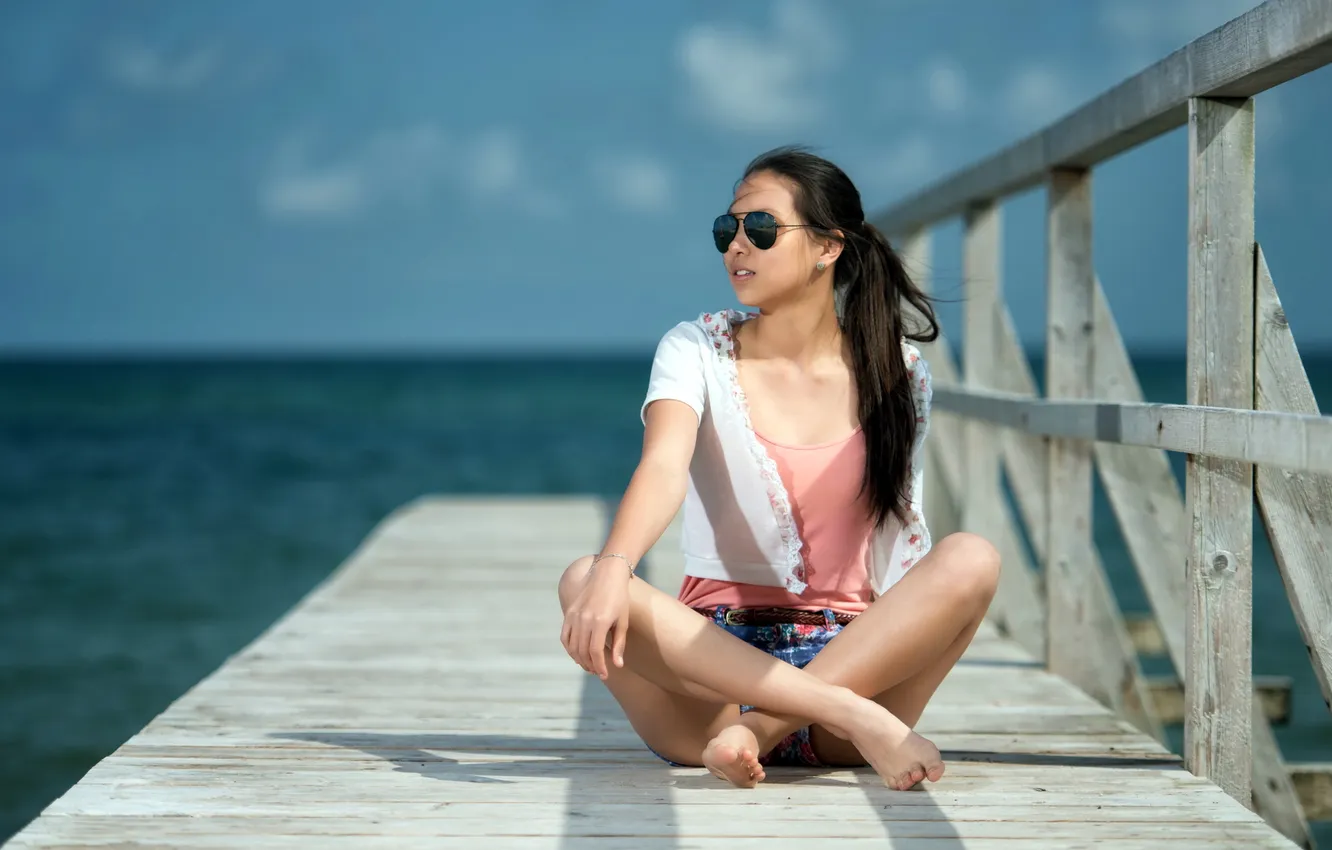Photo wallpaper sea, summer, girl, bridge