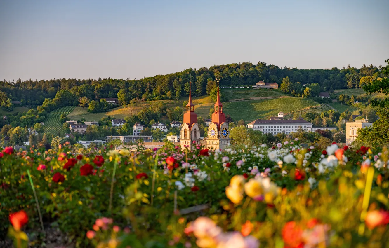 Photo wallpaper summer, flowers, watch, tower, house, settlement, bokeh