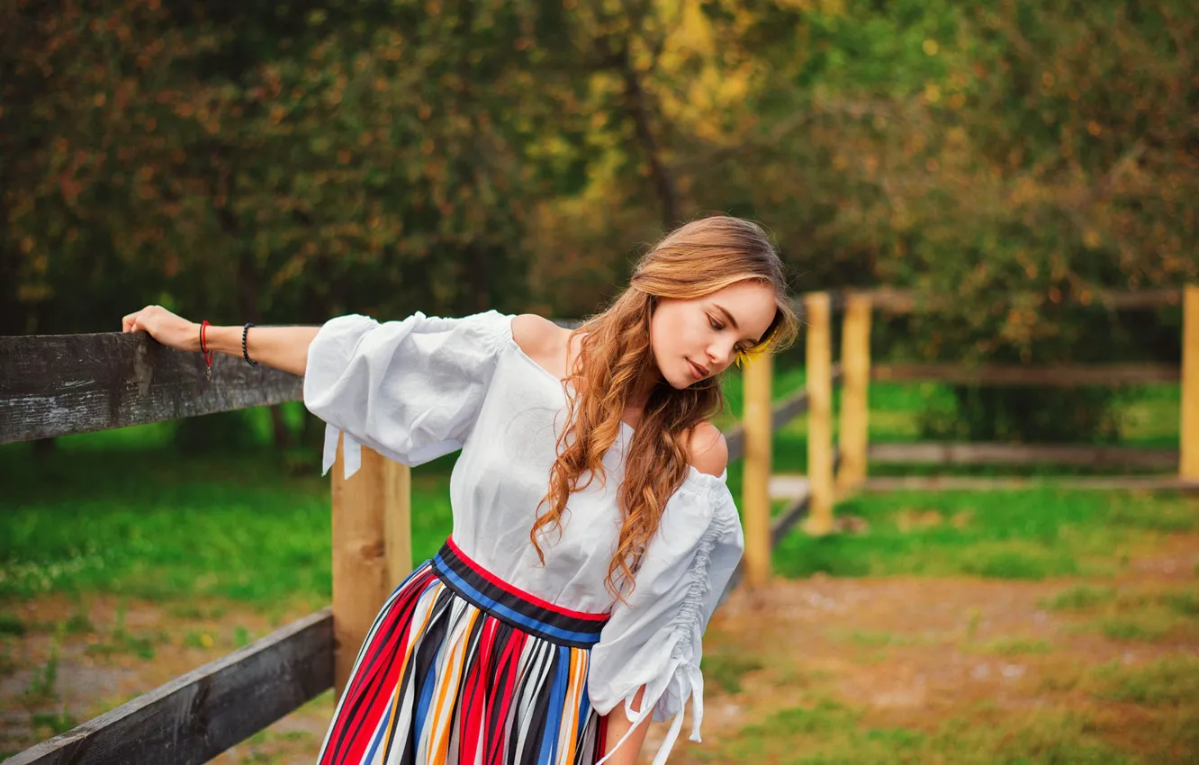 Photo wallpaper girl, nature, pose, skirt, the fence, neckline, blouse, bracelet