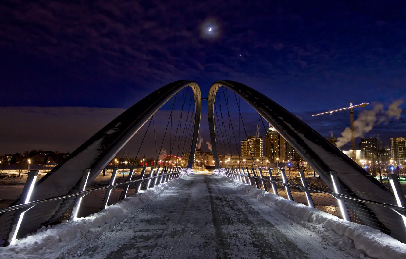 Photo wallpaper winter, night, bridge, the city, lights, the building, Canada, Calgary