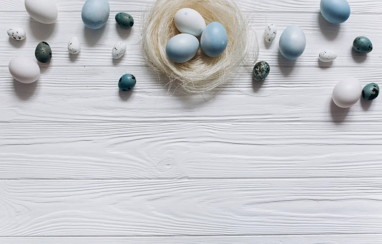 Photo wallpaper eggs, blue, Easter, white, white, wood, blue, spring