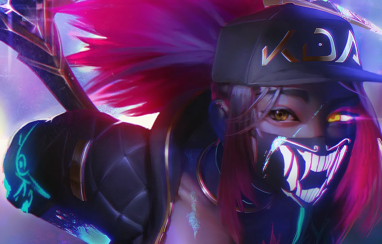 Photo wallpaper fangs, baseball cap, pink hair, burning eyes, Akari, the woman warrior, anime girl, KDA