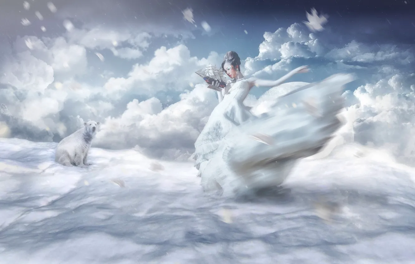 Photo wallpaper the sky, girl, bear