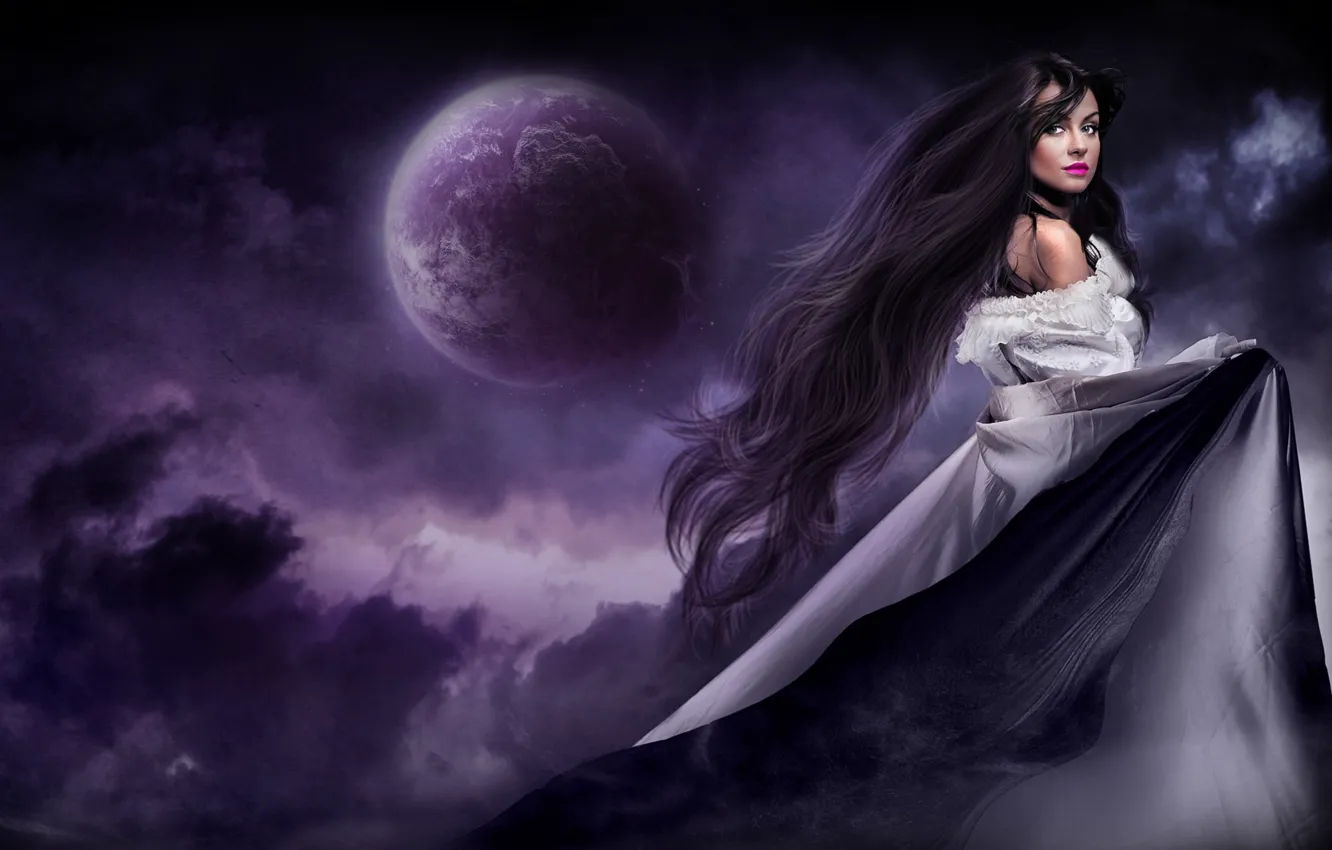 Photo wallpaper girl, night, the moon, hair, dress