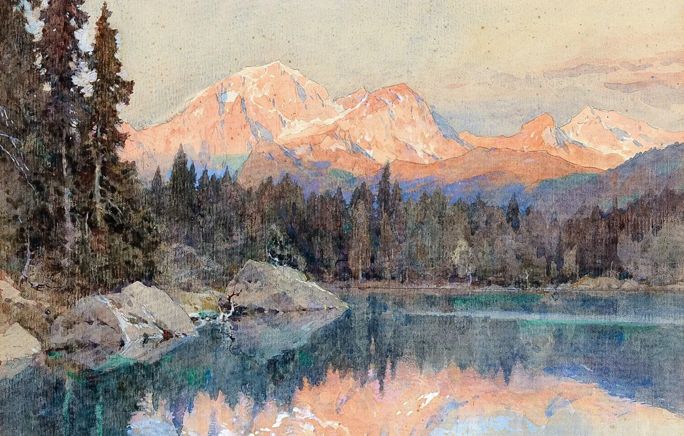 Photo wallpaper trees, mountains, lake, picture, German artist, Edward Harrison Compton, Edward Harrison Compton, In the Dolomites