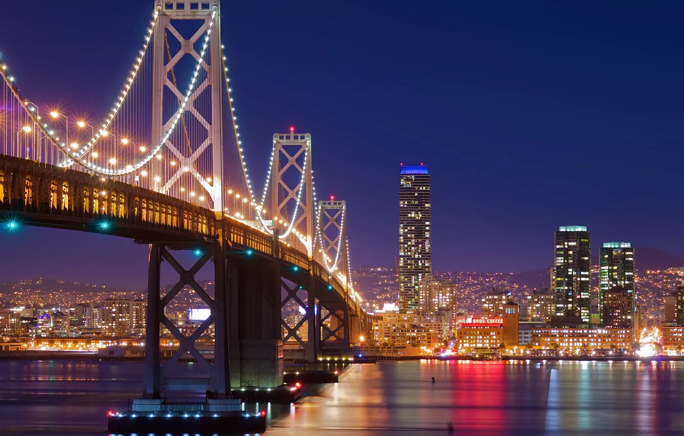 Photo wallpaper night, bridge, the city, lights, San Francisco, San Francisco