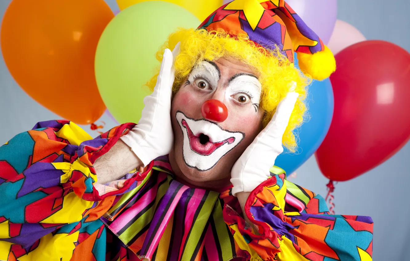 Photo wallpaper balls, face, background, surprise, clown, outfit, gloves, air