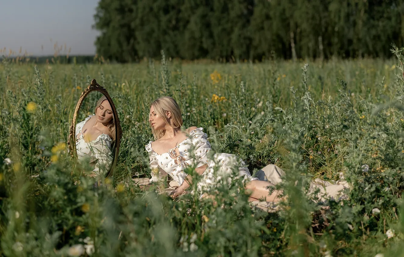 Photo wallpaper BLONDE, FOREST, NATURE, GRASS, FIELD, GREENS, REFLECTION, MIRROR