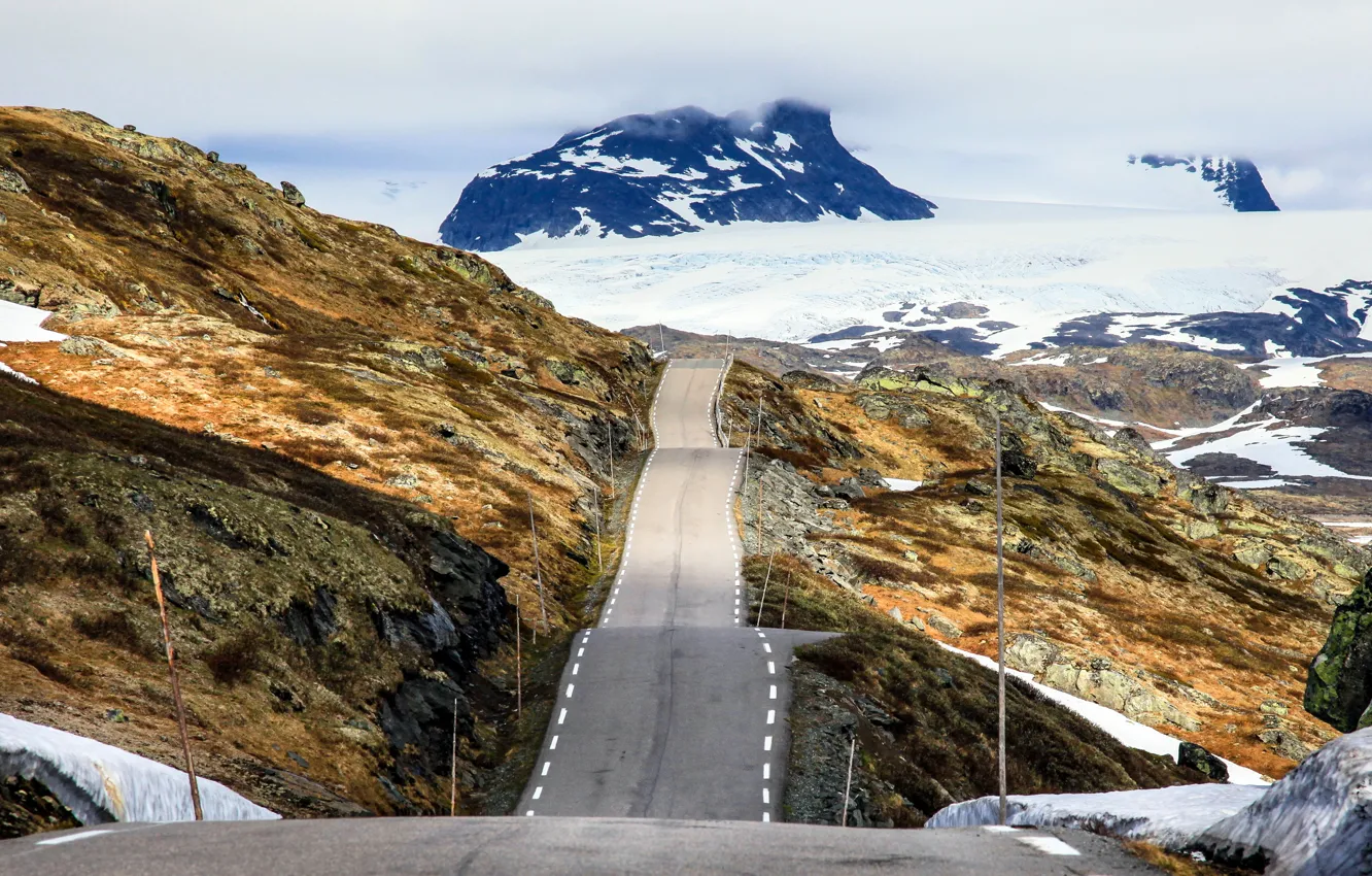 Photo wallpaper Mountains, Norway, Ice, Road, Peaks