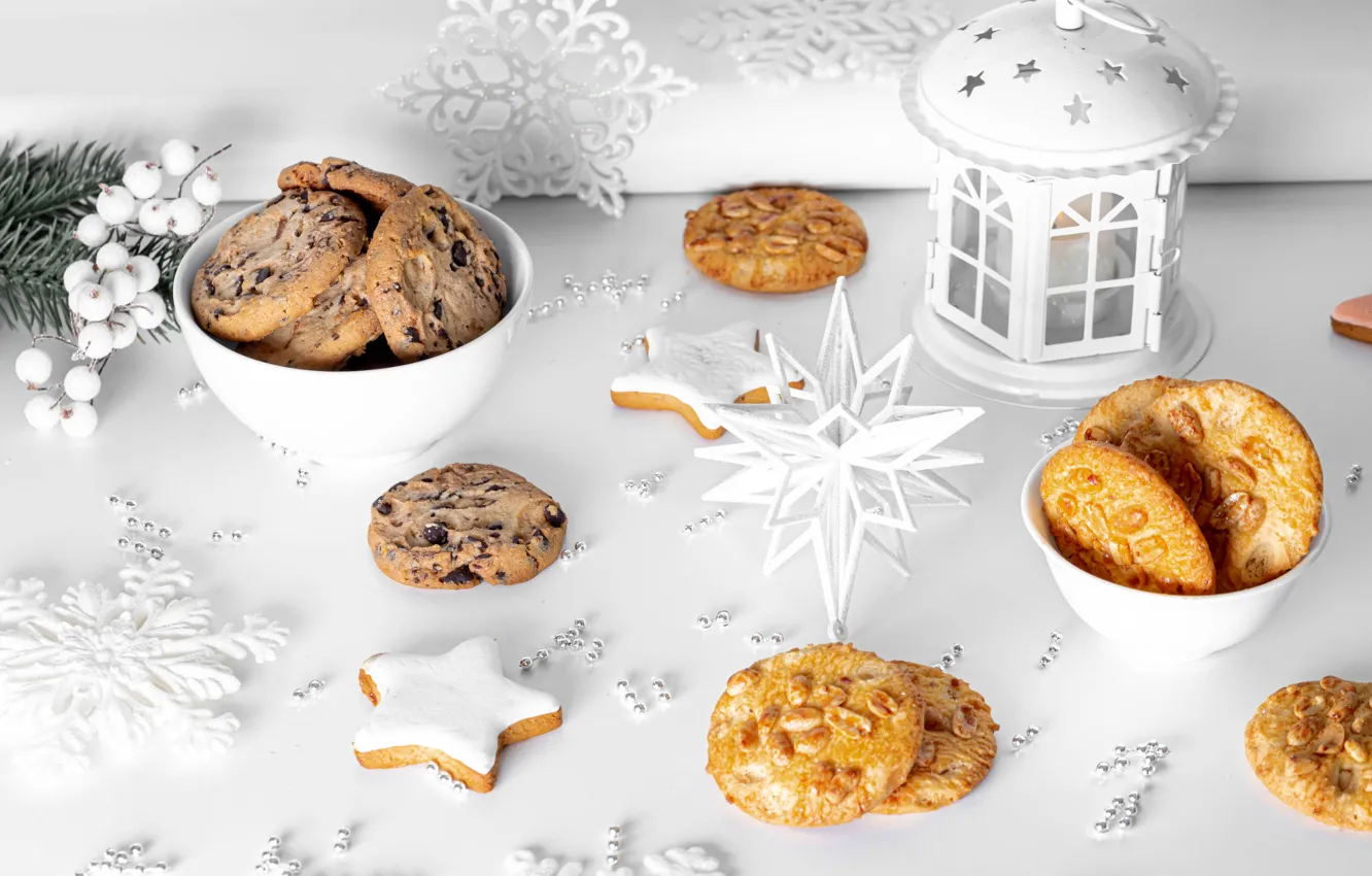 Photo wallpaper snowflakes, new year, cookies, Christmas, lights