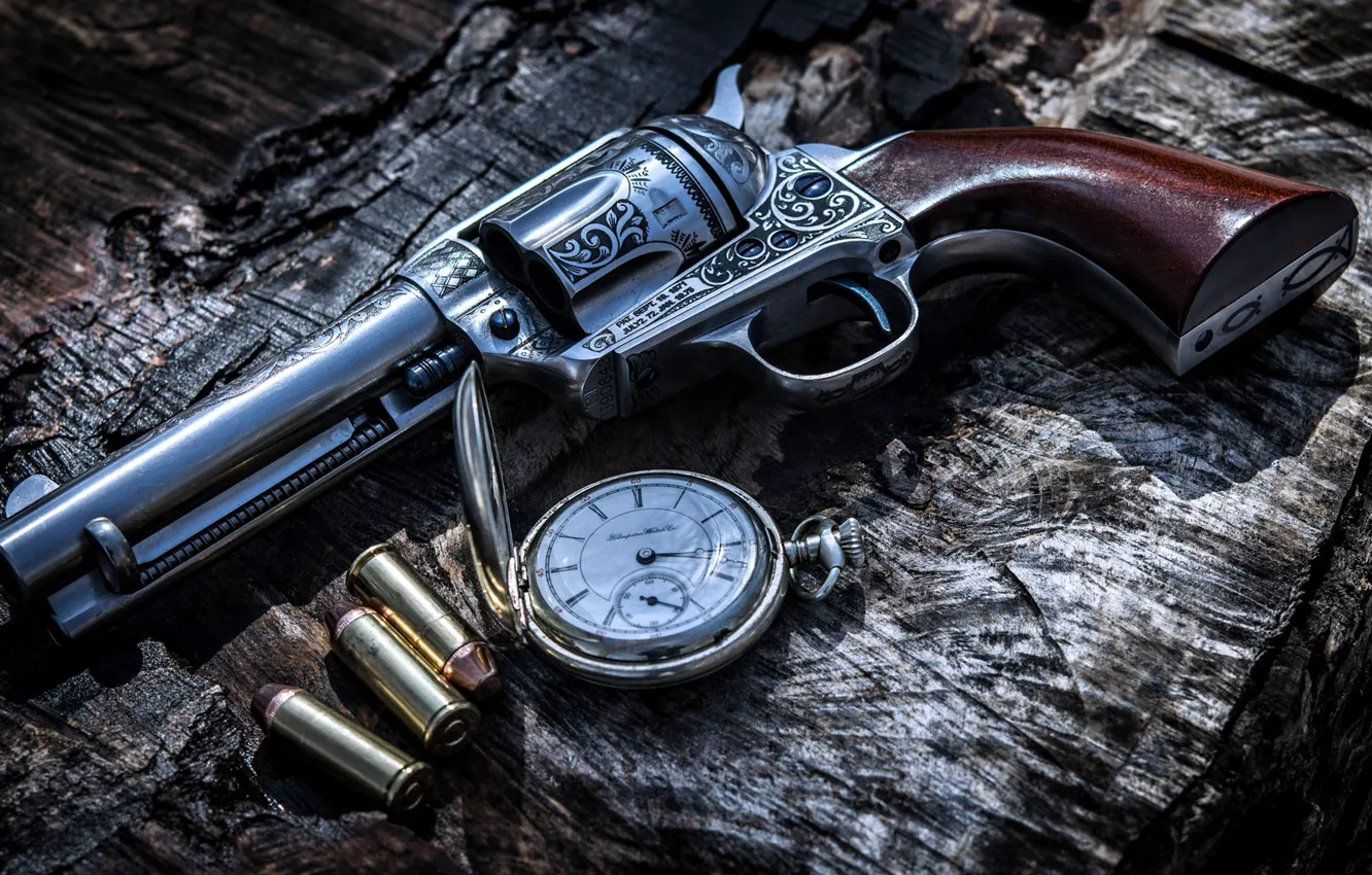 Photo wallpaper watch, cartridges, Revolver, multi-shot short-barreled small arms, with a rotating drum