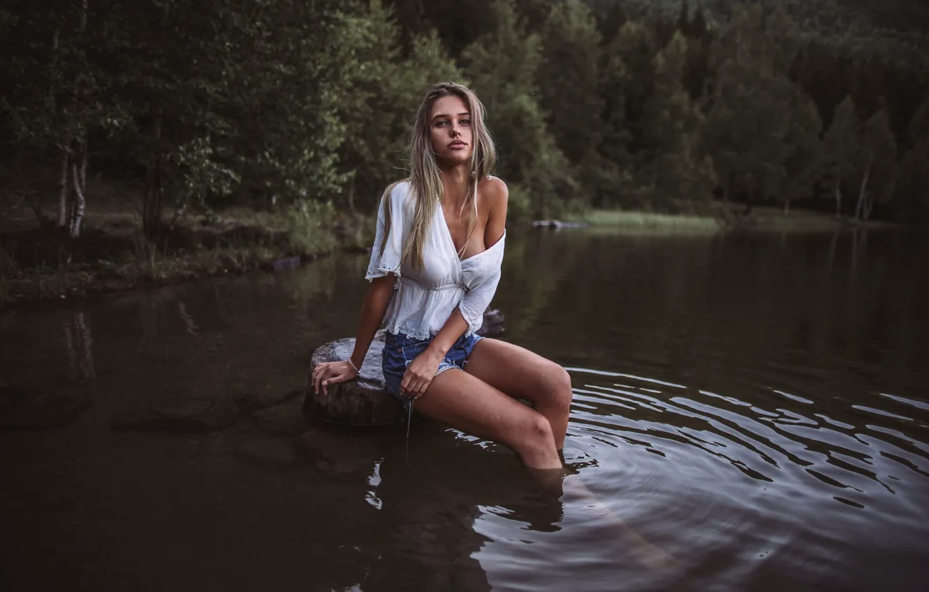 Photo wallpaper forest, trees, river, shore, shorts, wet, slim, hairstyle