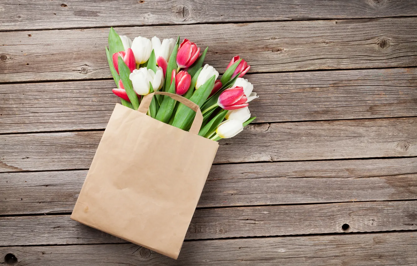 Photo wallpaper flowers, bouquet, tulips, red, white, wood, flowers, tulips