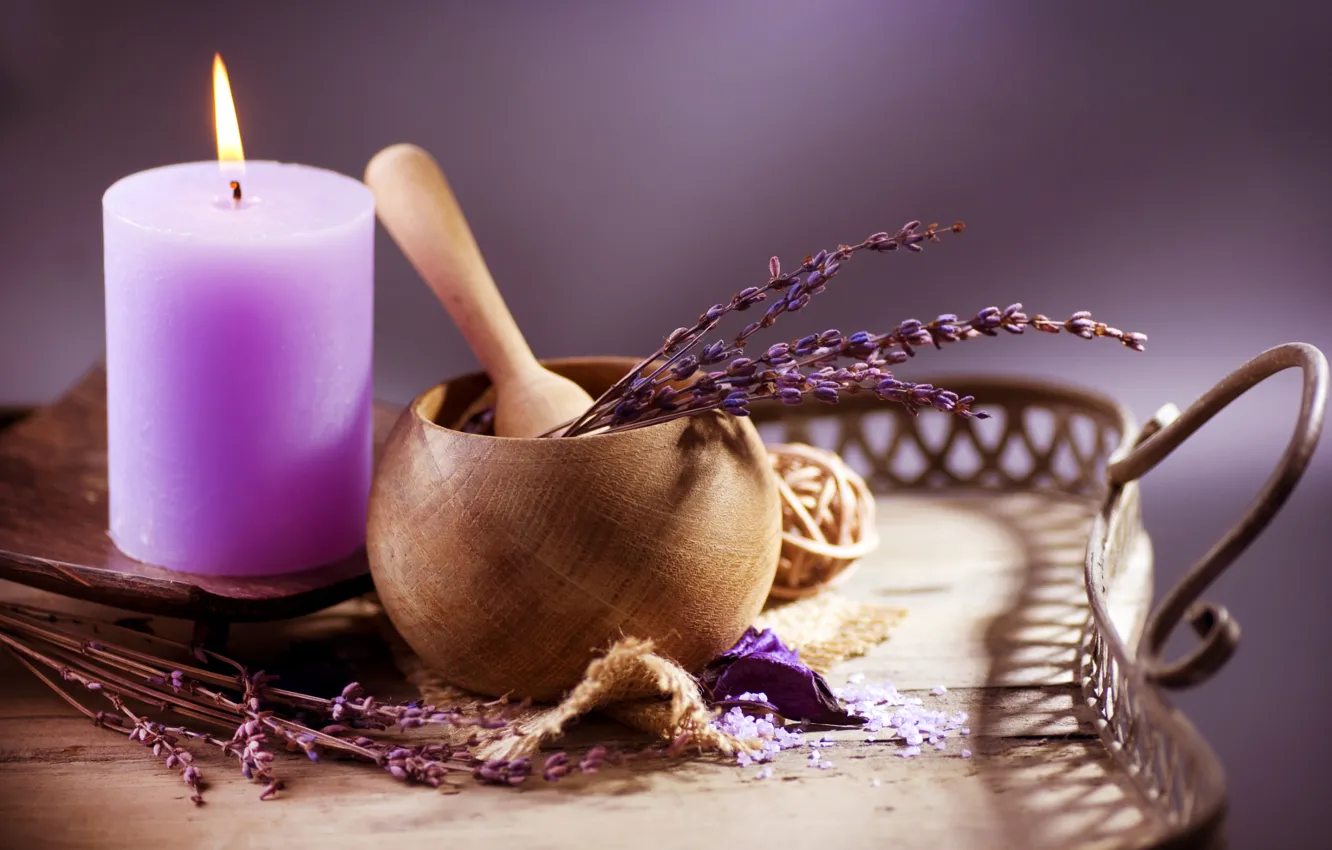Photo wallpaper candle, Sprig, lavender, the color purple, blade, pot