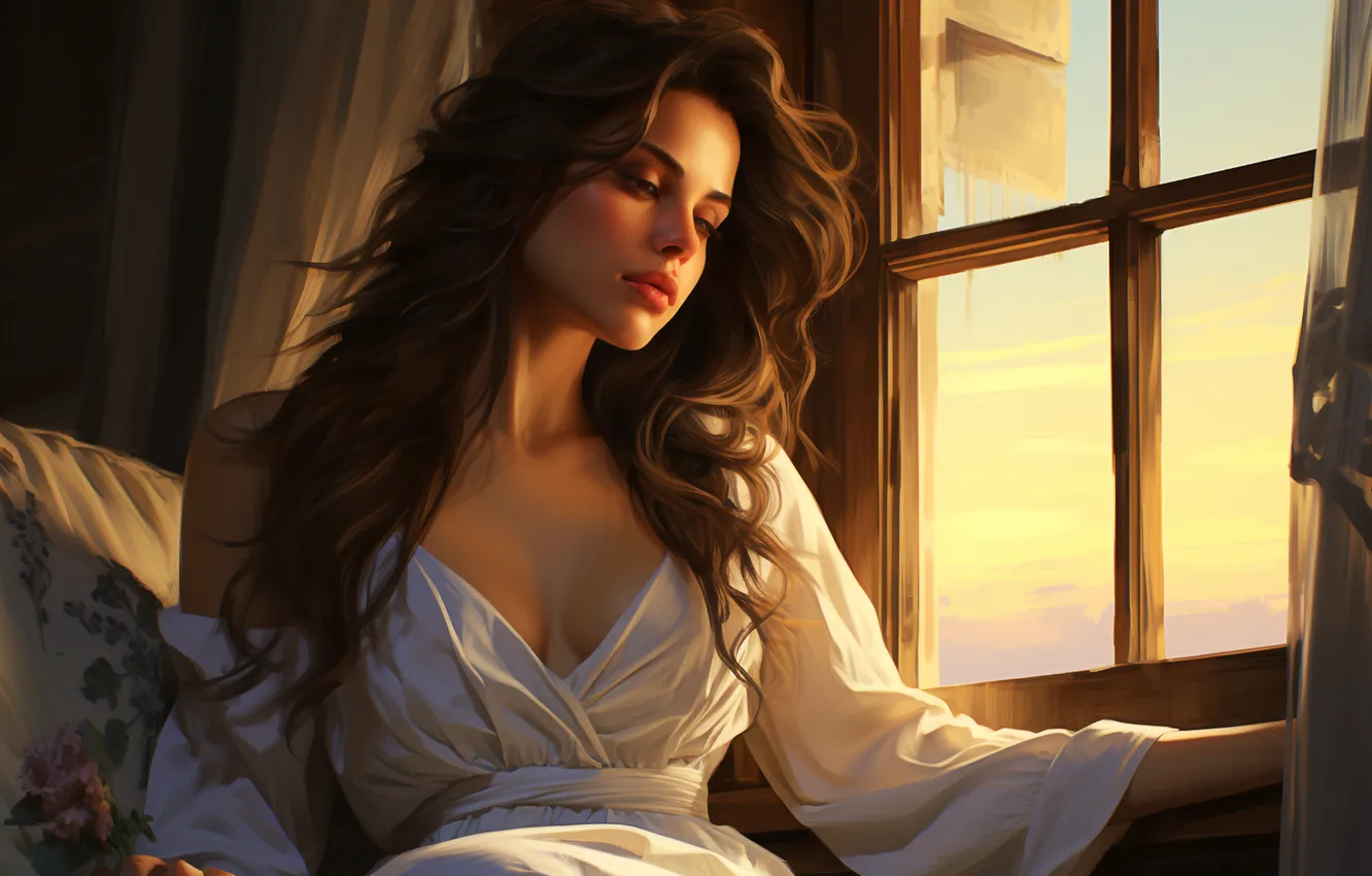 Photo wallpaper long hair, model, women, window, digital art, sunlight, sun rays, wavy hair