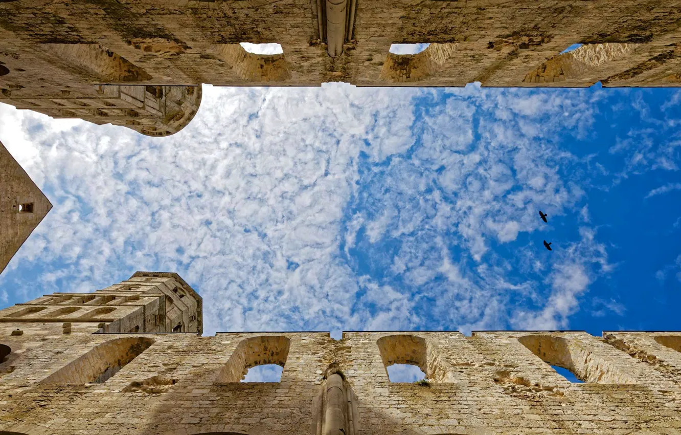Photo wallpaper the sky, clouds, birds, France, architecture, Jumièges Abbey