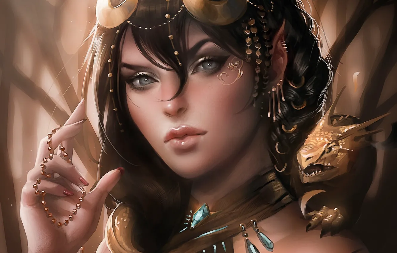 Photo wallpaper girl, decoration, dragon, art, beads, elf, ears, sakimichan