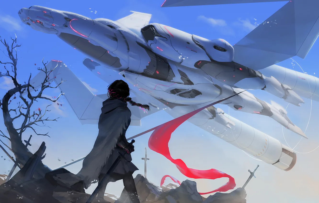 Photo wallpaper girl, trees, weapons, sword, Sakura, the plane, art, mad jojo