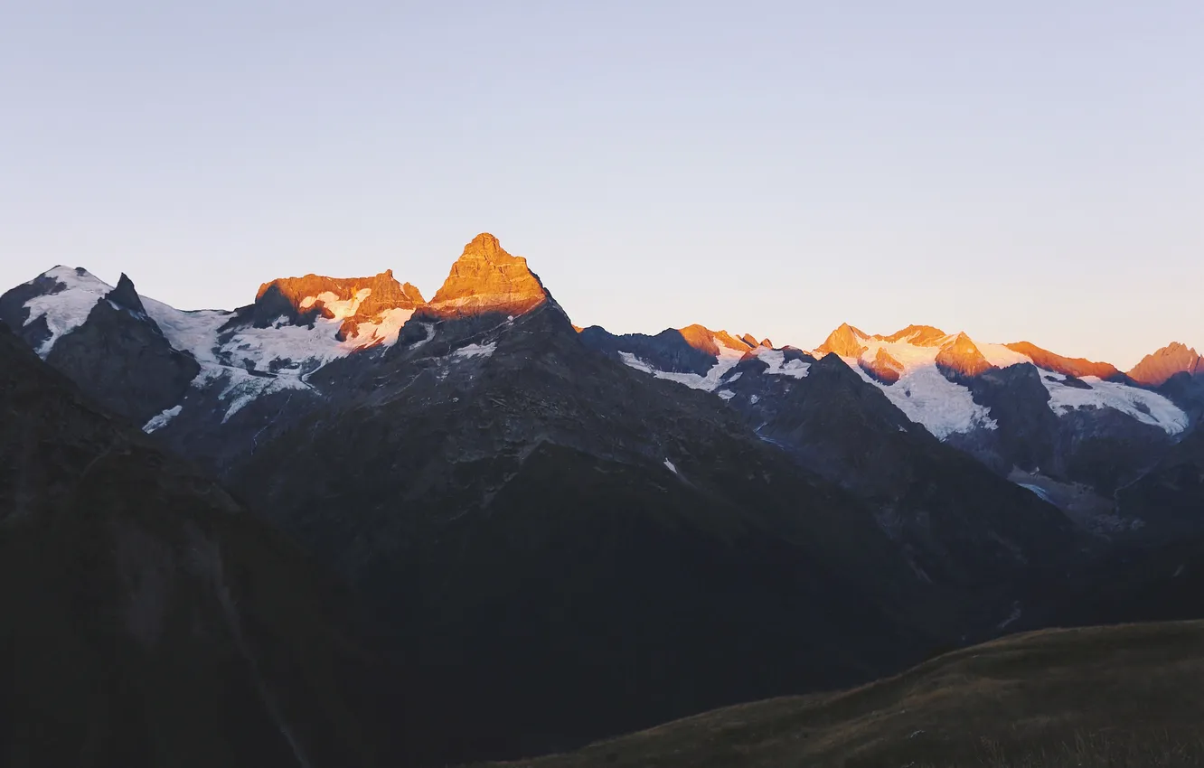 Photo wallpaper the sun, snow, mountains