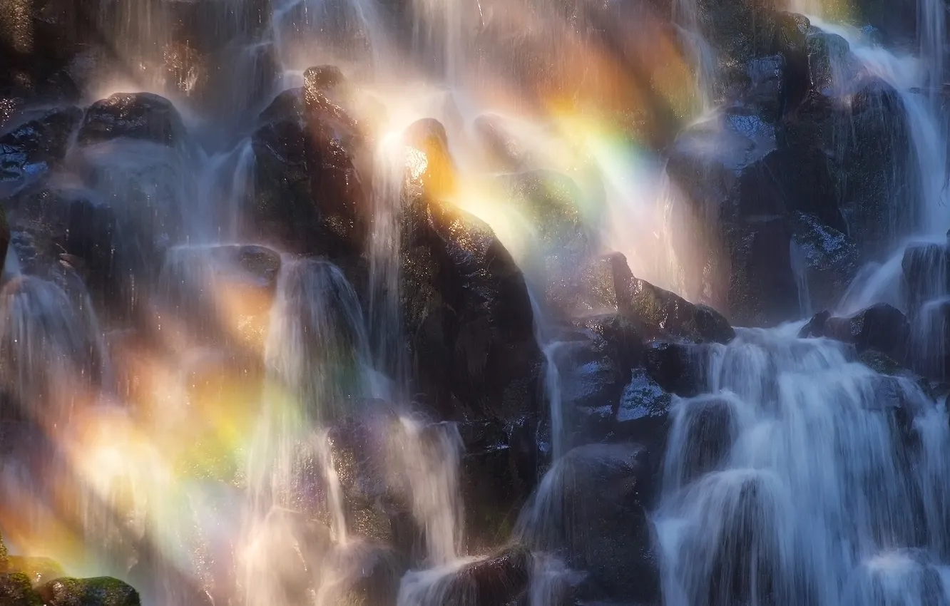 Photo wallpaper water, light, squirt, nature, stones, waterfall, rainbow, stream