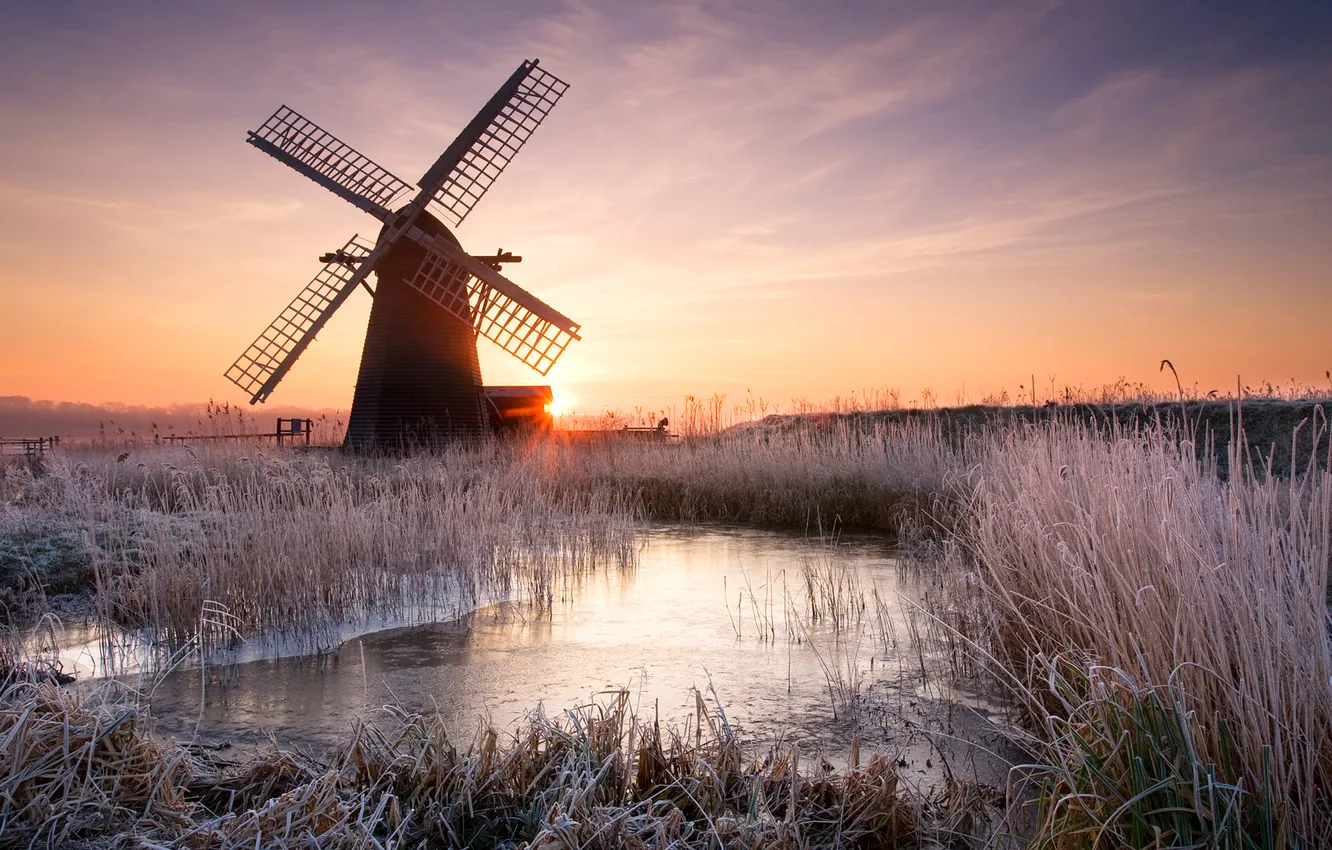 Photo wallpaper frost, the sky, clouds, sunset, river, England, mill, suffolk