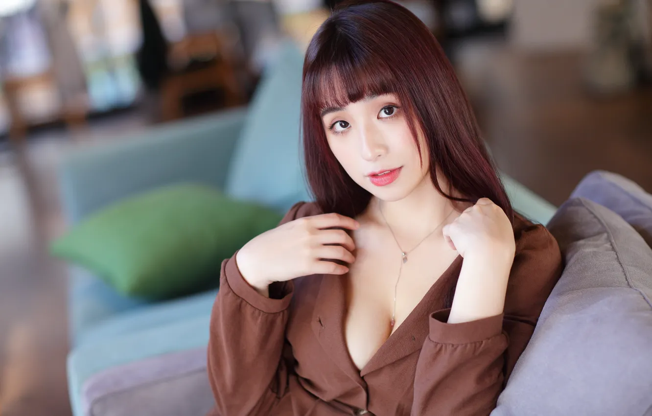 Photo wallpaper look, girl, neckline, Asian, bokeh