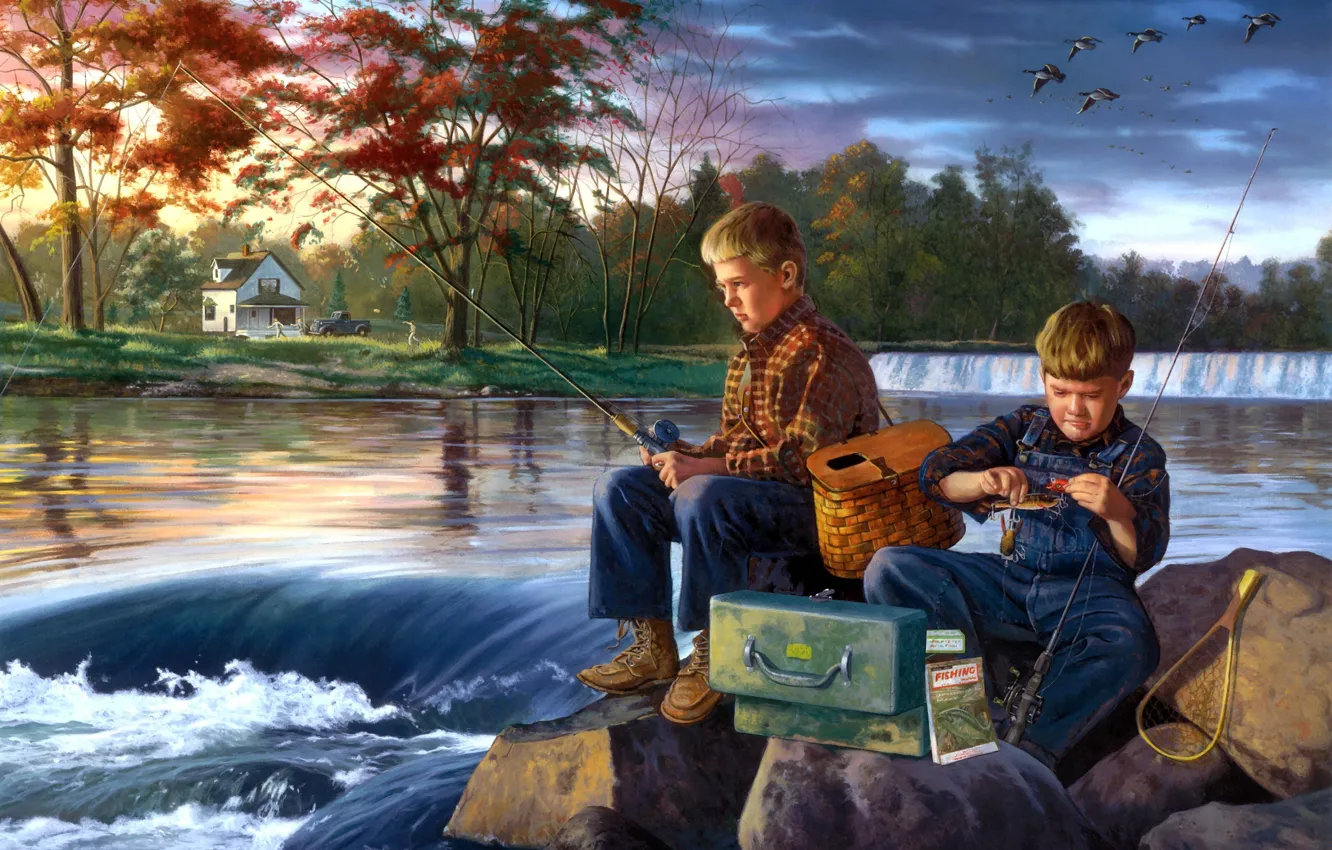 Photo wallpaper river, stones, each, fishing, boy, painting, early autumn, Charles Friday
