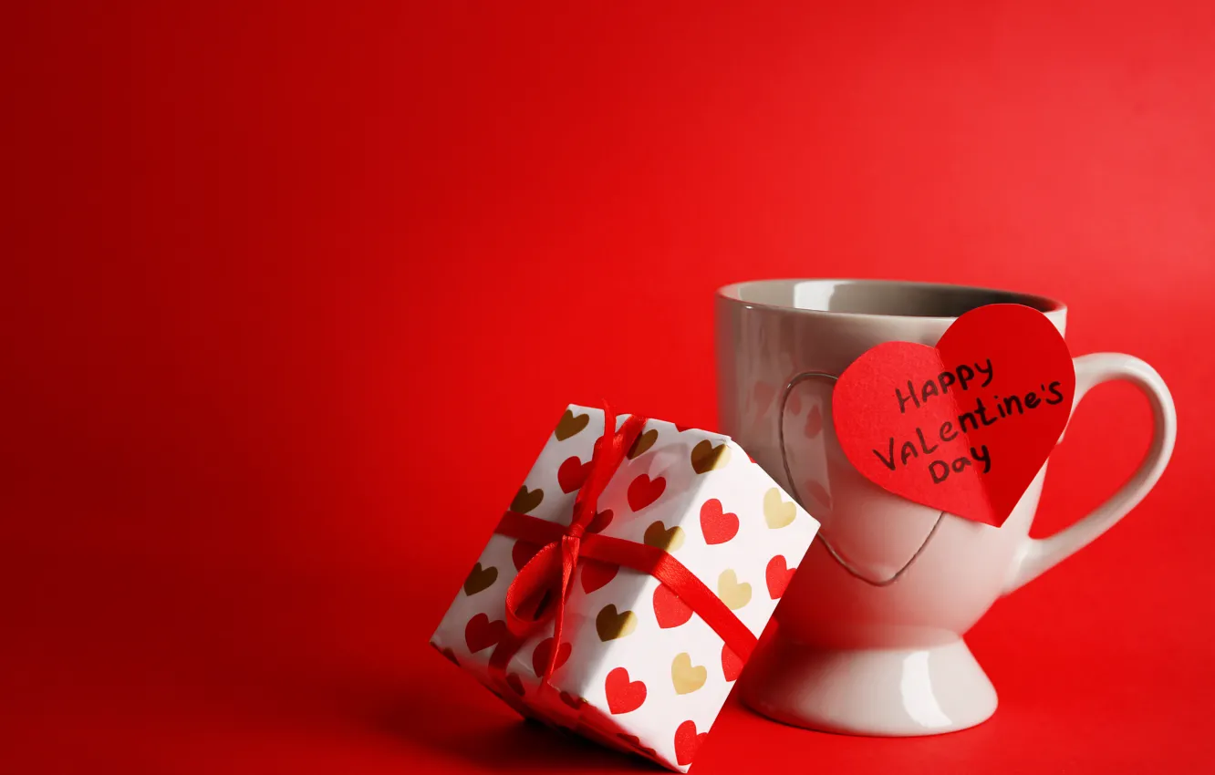 Photo wallpaper red, background, gift, the inscription, Cup, hearts, Valentine's day, ribbon
