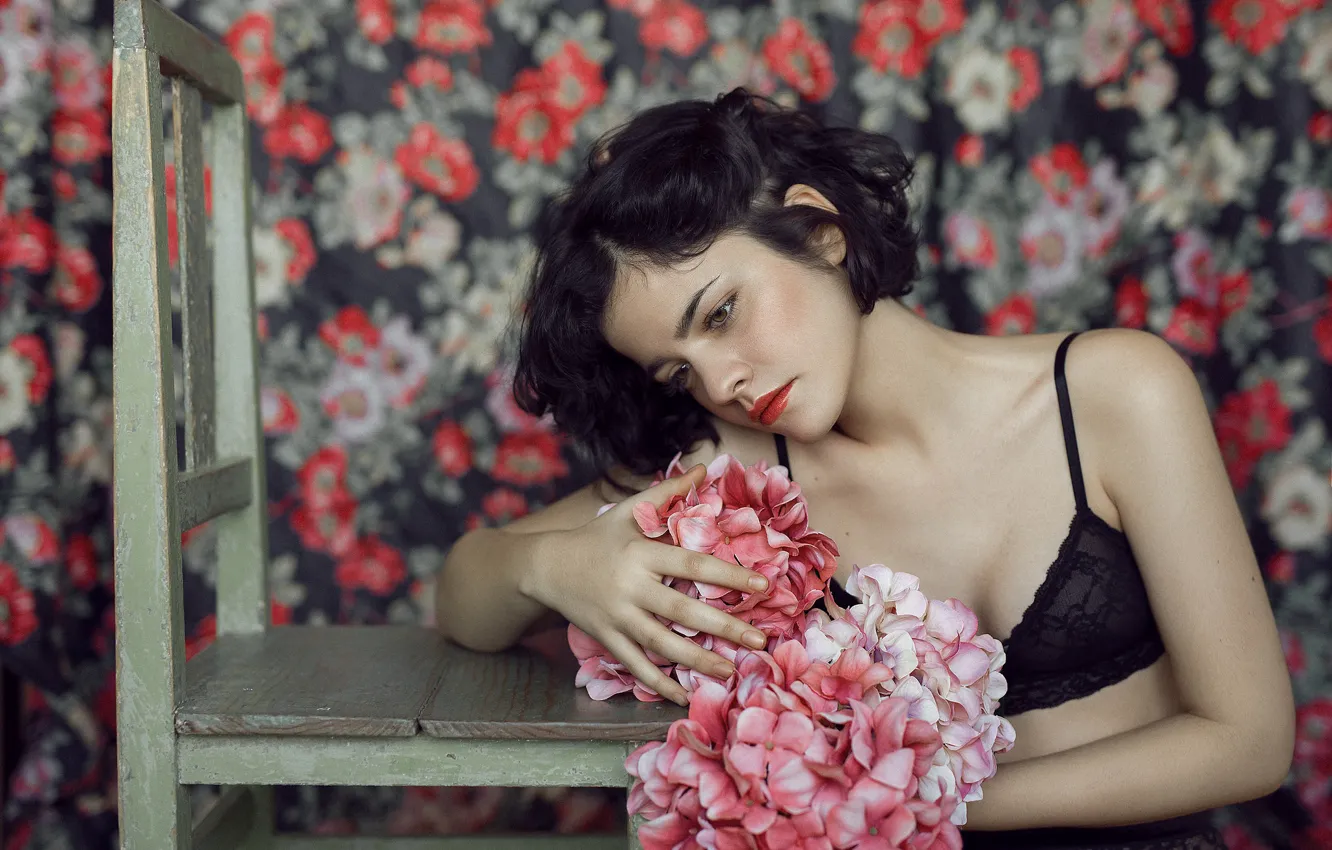 Photo wallpaper girl, flowers, face, background, model, hair, white