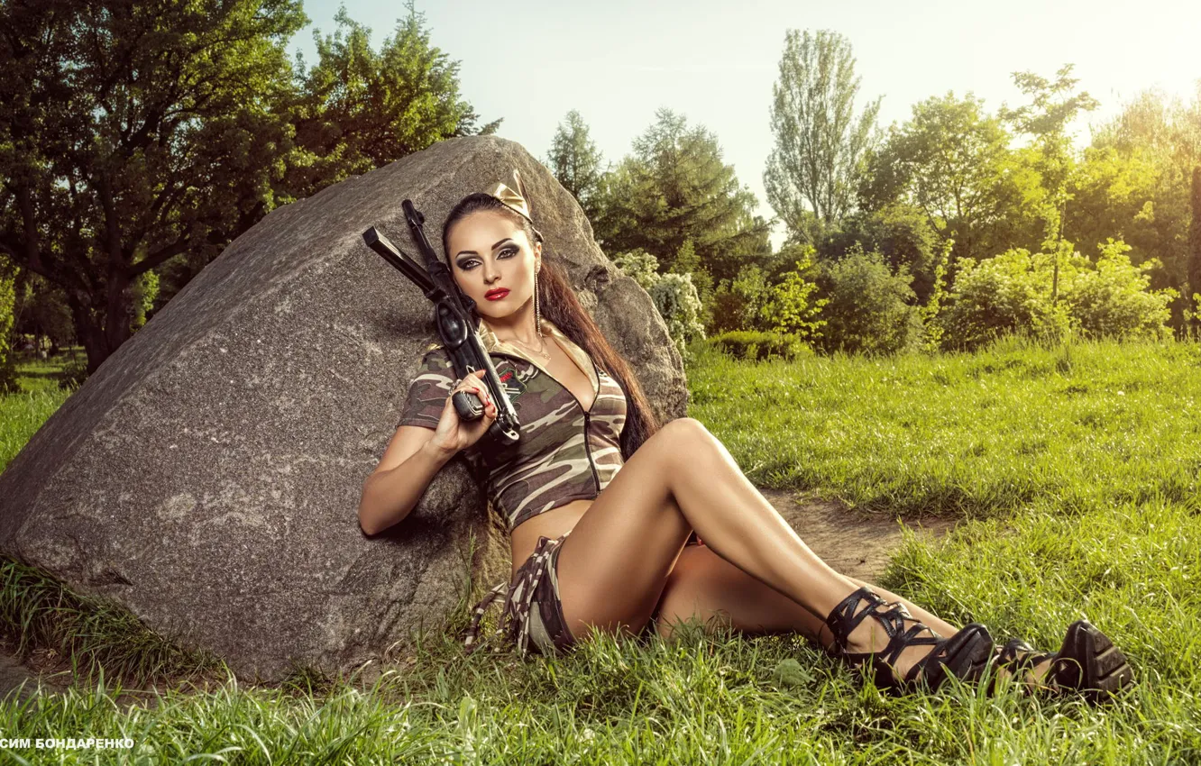 Photo wallpaper girl, photographer, machine, brown hair, camouflage, uniform, Diana, Maxim Bondarenko