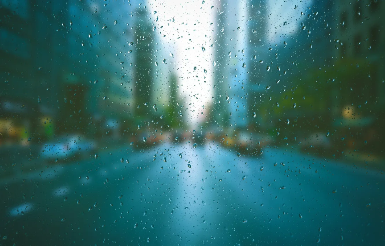 Photo wallpaper machine, glass, drops, the city, rain, street