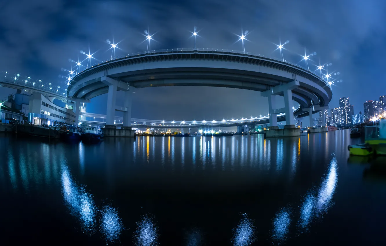 Photo wallpaper night, bridge, the city, lights, Japan